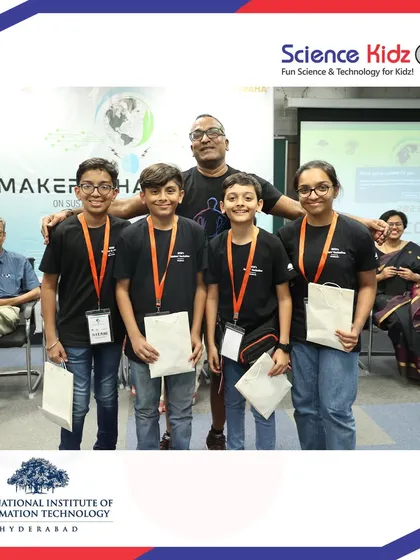 Our junior team, "Robochamps," with their mentor after winning the Judges Choice award at the IIIT Hyderabad make-a-thon. This award recognized their unique and creative approach to the competition's theme.