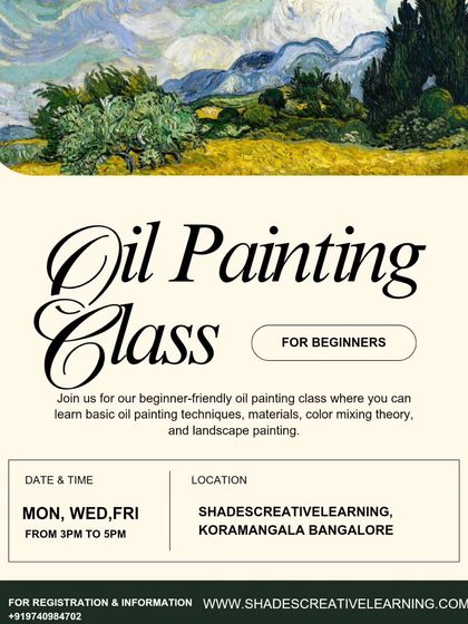 An informational graphic detailing our beginner-friendly oil painting classes held at our Koramangala studio.