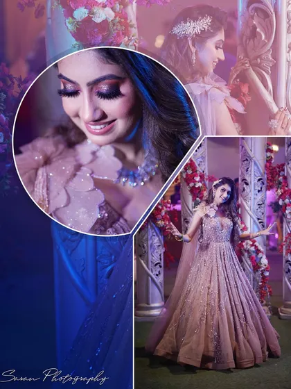 A collage of the bride at her engagement, showcasing her beautiful gown and radiant smile amidst floral decor.