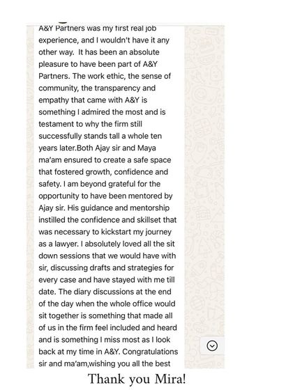 Mira's detailed recollection of her time at A&Y highlights our emphasis on transparency, community, and open discussion. These are the pillars of our firm's work ethic.