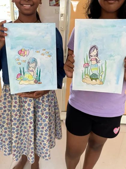 The magic of watercolour is perfect for bringing whimsical scenes to life. These two talented artists had so much fun creating their own mermaid paintings during one of my kids' art classes in Bangalore.