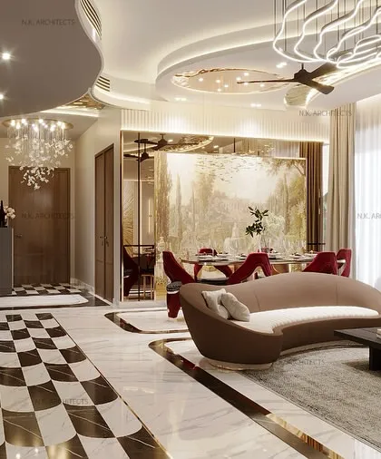 Luxury redefined in this open-plan living and dining space. A seamless curved ceiling flows effortlessly to create a sense of grandeur, while a bold checkered floor inlay adds a touch of modern sophistication.