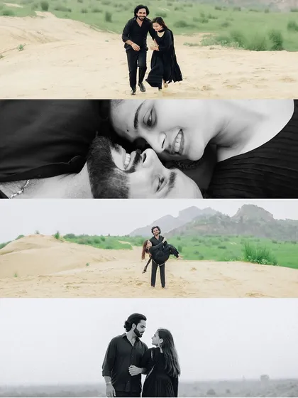 A collage of black and white images from a sand dune shoot, capturing a range of romantic and playful moments.
