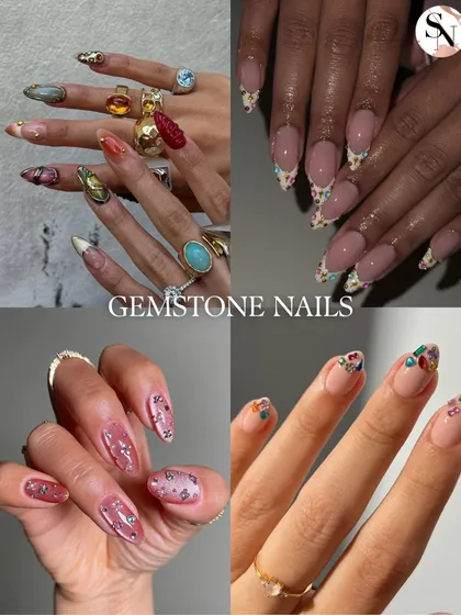 Gemstone nails are perfect for adding a touch of luxury and sparkle. This inspiration board features designs with delicate rhinestones, 3D gems, and floral-inspired gem placements.