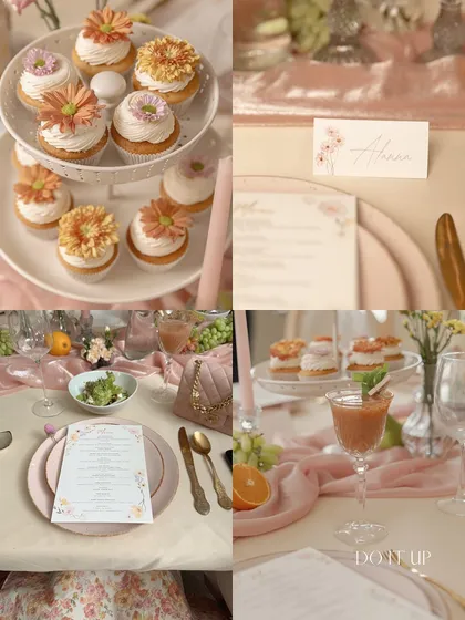 A collage of the fine details from a romantic anniversary brunch. It highlights the custom menu cards, floral-topped cupcakes, and the overall soft, pastel color palette of the tablescape.
