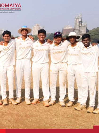 The full junior college team celebrates their massive win in the MCA Inter Junior-Collegiate Cricket Tournament.