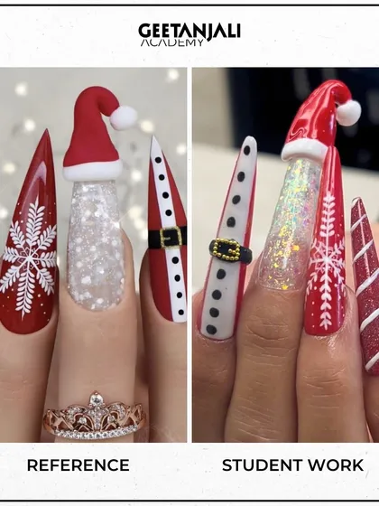 Capturing the festive spirit, our student perfectly replicated this intricate Christmas-themed nail art. This demonstrates mastery over 3D elements like the Santa hat, detailed line work for the snowflake, and glitter application.