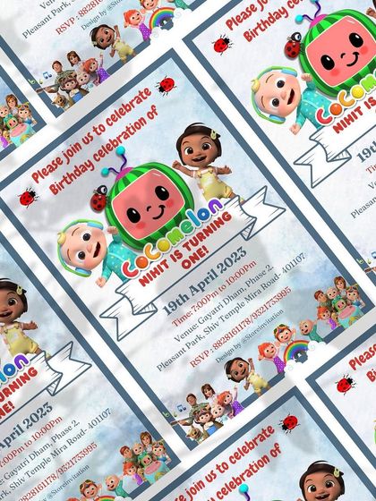 A fun and colorful birthday invitation for a Cocomelon fan! This design is filled with characters from the popular show, perfect for celebrating a little one's first birthday party.