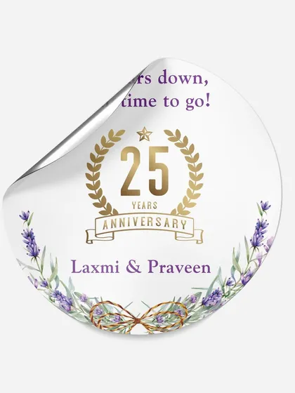 To celebrate 25 years of love, I designed these elegant anniversary stickers. Featuring a golden crest and a lilac floral motif, they are perfect for sealing envelopes or decorating party favors with a personal touch.
