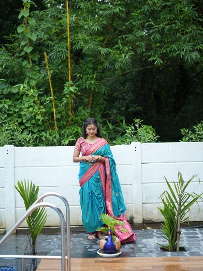 My ready-to-wear Nauvari sarees are perfect for outdoor shoots. They are comfortable and look stunning against any backdrop.