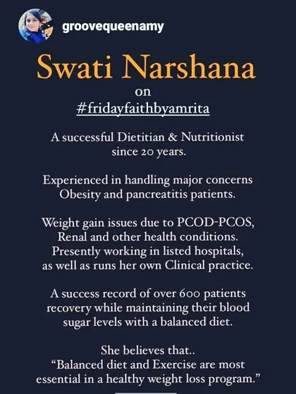 A very kind post summarizing my 20 years of work as a dietitian. I have a lot of experience helping with obesity, PCOD, kidney issues, and pancreatitis. My goal is always to create a balanced diet that works for you.