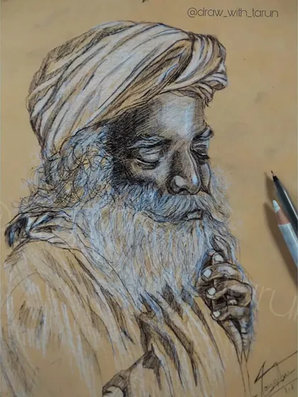 A tribute to Sadhguru for the Save Soil movement. This piece was done with a ballpoint pen and white charcoal on toned paper to create high contrast.