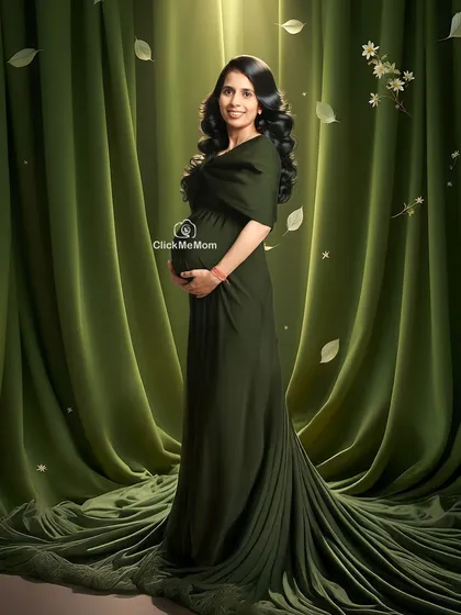 A portrait of pure elegance in a rich, olive green gown. The soft draping of the fabric and the classic studio lighting create a sophisticated and timeless look, highlighting the serene glow of motherhood.