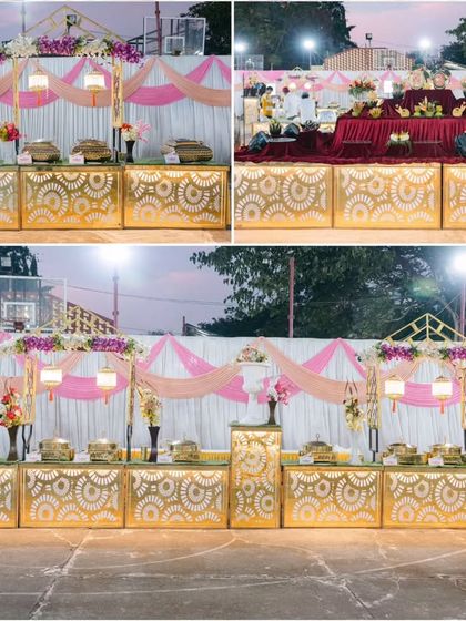 The catering setup is just as important as the stage decor. For this outdoor reception, I designed elegant gold and white buffet counters, adorned with floral arrangements, to ensure the dining experience felt as luxurious as the rest of the event.