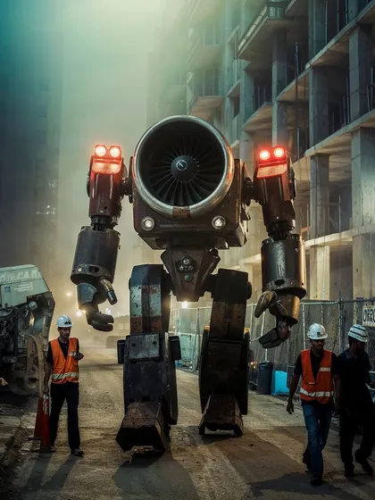 A 'Smogsucker' mech at a construction site, towering over workers. This image explores the scale of these machines and their integration into industrial and urban environments.