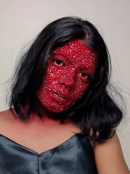 Another angle of the red rhinestone look. It was a true test of patience, but absolutely worth it for the final effect.