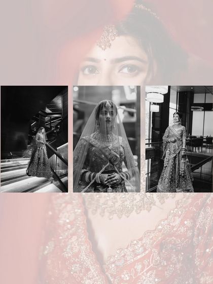 A triptych of black and white bridal portraits, showcasing different angles and moods. This collage tells a story of the bride's elegance, from a full-length shot to an intimate close-up.