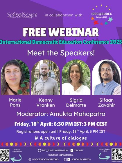 The poster for our "Meet the Speakers" webinar for IDEC 2025, featuring a panel of global leaders in democratic education.