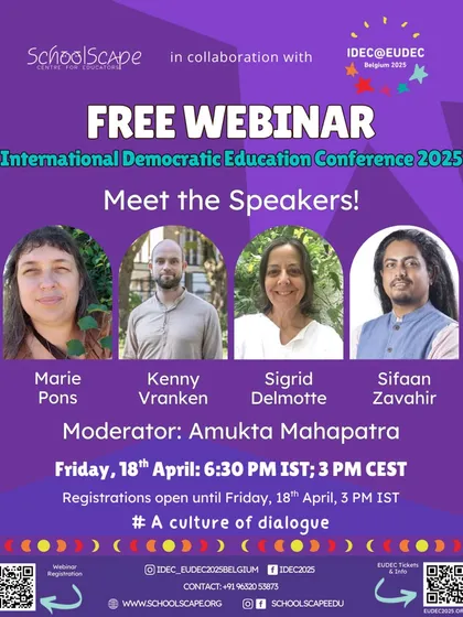The poster for our "Meet the Speakers" webinar for IDEC 2025, featuring a panel of global leaders in democratic education.
