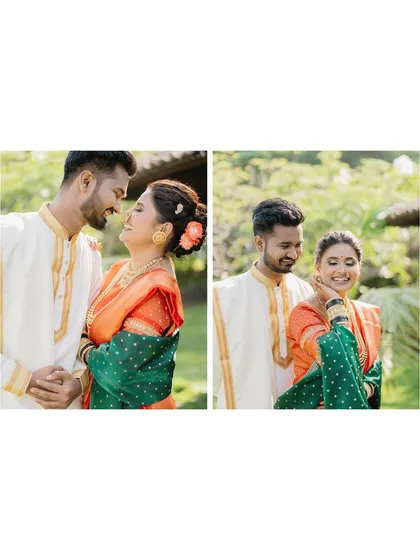 A diptych showing two candid moments of Vicky and Aishwarya. These images capture their playful interactions and loving glances, telling a small story of their connection.