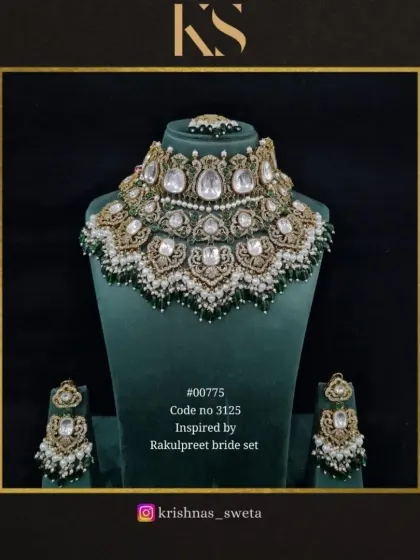 Another view of the emerald green Rakul Preet-inspired set, showcasing its intricate design and luxurious feel.