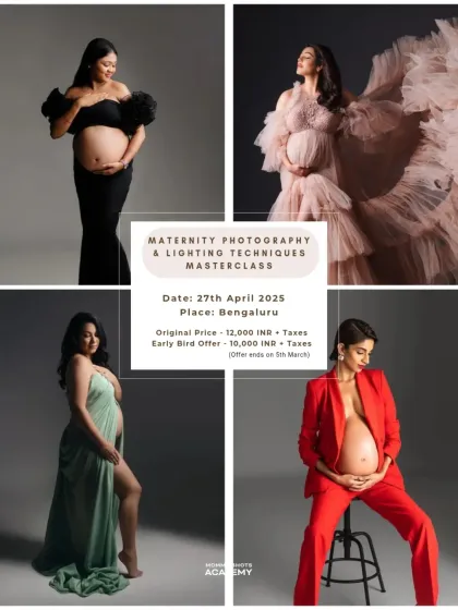A collage of four different high-fashion maternity looks, from a red power suit to a flowing pink gown.