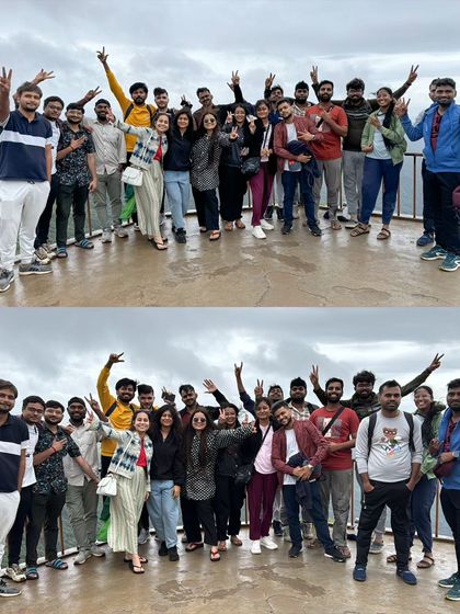 Another happy group shot from a viewpoint in Coorg, with everyone smiling and enjoying the cool mountain air.