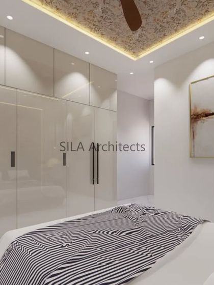 A 3D render of a bedroom with a European design theme, featuring high-gloss beige wardrobes and a textured false ceiling for a touch of luxury.