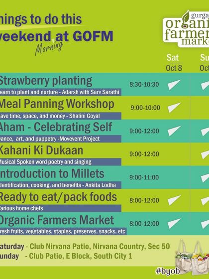 A schedule of weekend activities, including strawberry planting and a meal planning workshop.