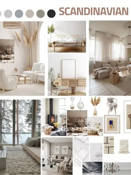 A mood board capturing the serene beauty of Scandinavian design, with a focus on clean lines, a bright neutral palette, natural materials, and cozy textiles.