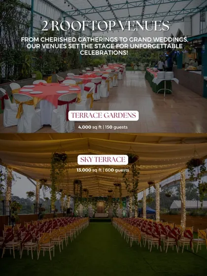 Another look at our two rooftop venues, showing different setups for both intimate gatherings and grand weddings.