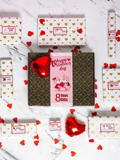 Make Valentine's week unforgettable with my '8 Days 8 Gifts' box. Each day reveals a new surprise, from a golden rose and couple's rings to a personalized frame and wallet, all individually wrapped and tagged for a week-long celebration.