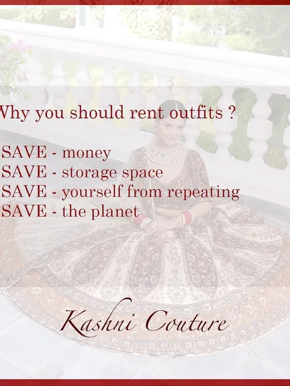 A simple graphic explaining the top reasons why you should rent outfits. It's all about saving money, space, and the planet, while never repeating a look.