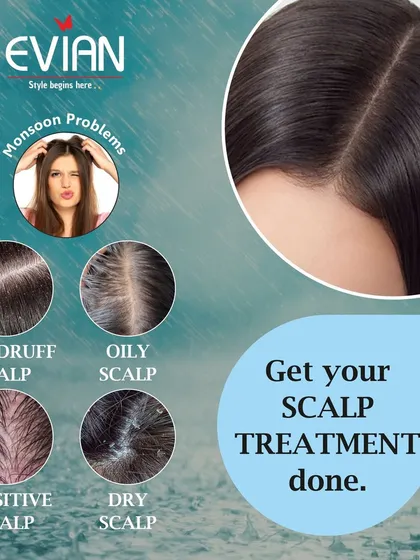 Monsoon season can bring many hair problems. This graphic explains common scalp issues like dandruff, oiliness, and sensitivity that I can address with my specialized scalp treatments.