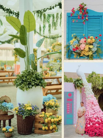 A collage showcasing the vibrant colors of the Mehendi, from the blue shutters and floral peacock to the lush potted plants, creating a lively and picturesque event.