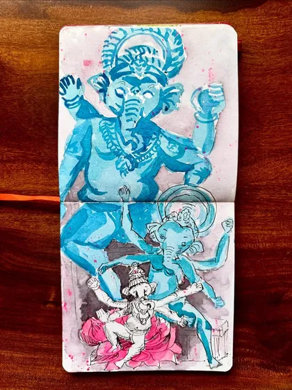 A unique take on Ganpati, using a monochromatic blue palette with a pop of pink. This sketchbook spread shows three different forms of Bappa, sketched at an idol workshop.