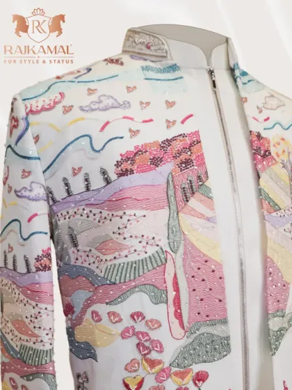 Another angle of the exclusive open Jodhpuri, focusing on the intricate details of the embroidery and the subtle sparkle of the sequins.