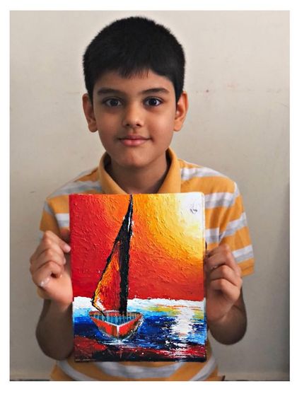 Another student's take on the sunset boat scene, this time with a warmer, more fiery sky. Knife painting allows for such unique and personal expressions.