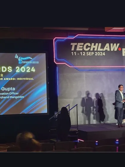Our Chief Innovation Officer, Komal Gupta, receives the 'Outstanding Legal Innovator Award' at The TechLaw.Fest, reflecting our firm's commitment to fostering a culture of innovation.