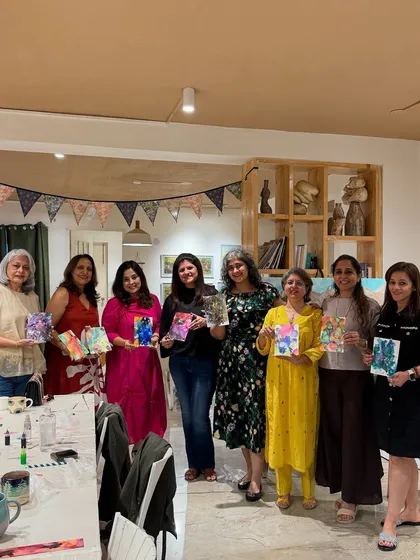 The best part of any workshop is seeing the proud smiles at the end. This group of friends celebrated a special occasion with a private painting party and left with their own beautiful abstract artworks.