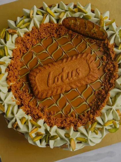 A top-down view of the Lotus Biscoff and Pistachio Cheesecake, showing the intricate feathered design on top and the border of pistachio slivers.