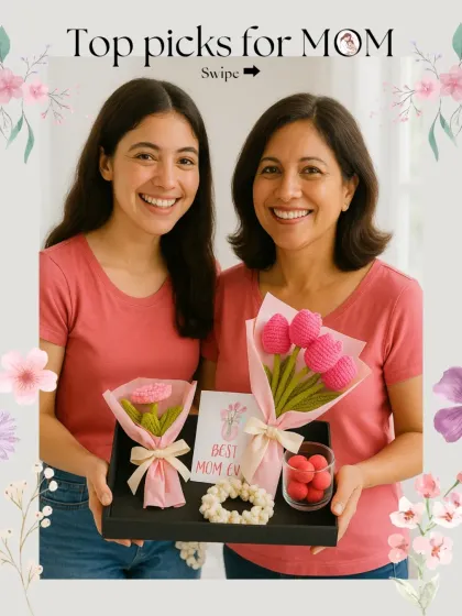 Here are some of our top picks for Mom. This tray includes a beautiful tulip bouquet, a smaller carnation bouquet, a scrunchie, and a card, all ready for gifting.