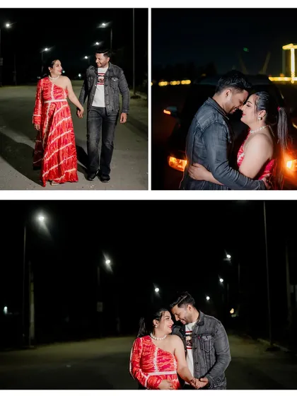 A moody and cool night shoot for Ishant and Saloni on an empty street, using the car's headlights for a cinematic effect.