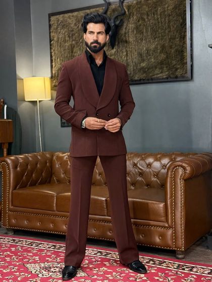 A full view of our brown shawl lapel double-breasted suit, a unique and elegant choice for formal occasions.