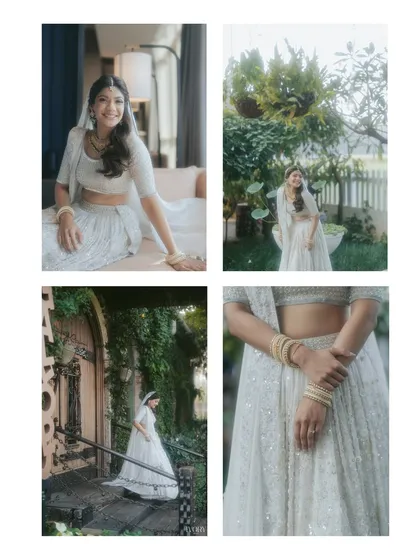 A collage of a bride's getting-ready moments, capturing her happy, candid smiles in a beautiful garden setting before the main ceremony.