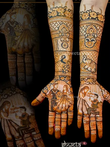 A complete engagement mehendi design with multiple couple portraits. This collage shows how we can tell different parts of a couple's story within one design.