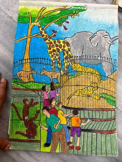 A close-up of a memory drawing of a visit to the zoo. This complex scene with animals and people is excellent practice for advanced students.