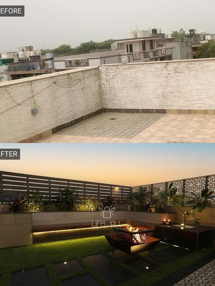 This empty corner is now the perfect spot for evening conversations. We added a built-in planter bench, a modern fire pit, and a decorative screen for privacy and style.