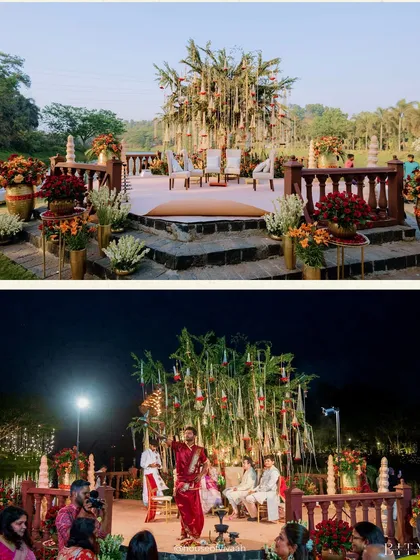 A day-and-night comparison of the tree-centric mandap, showing its natural beauty in daylight and its magical, illuminated transformation for the evening ceremony.