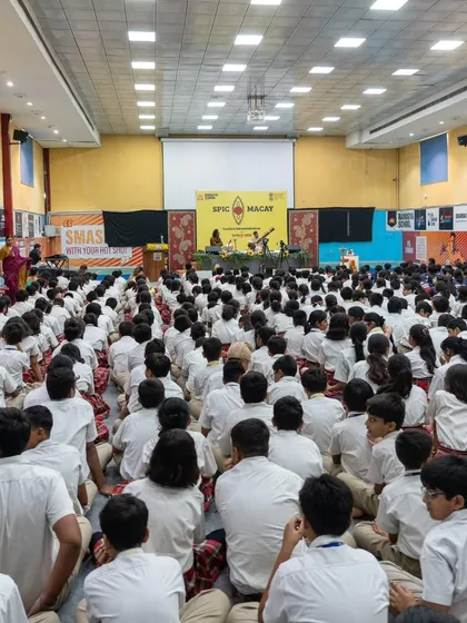 The entire student body of Ramagya School gathered for the SPIC MACAY concert. It is heartening to see such a large young audience for classical music.
